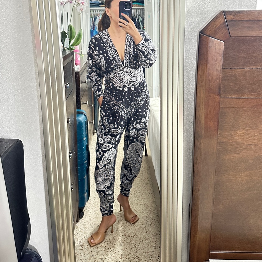 Free people navy blue cashew pattern San Miguel jumpsuit